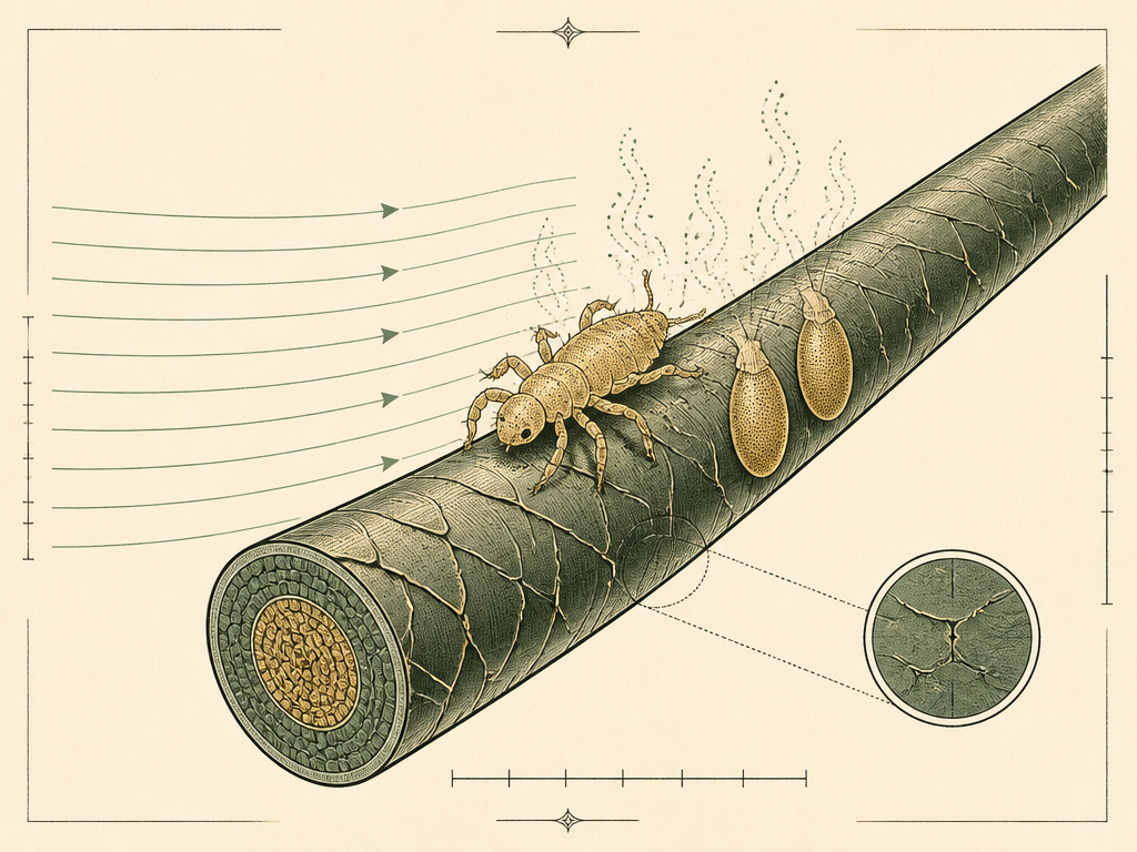 Diagram of heated air flowing across a hair strand, dehydrating a louse and its eggs
